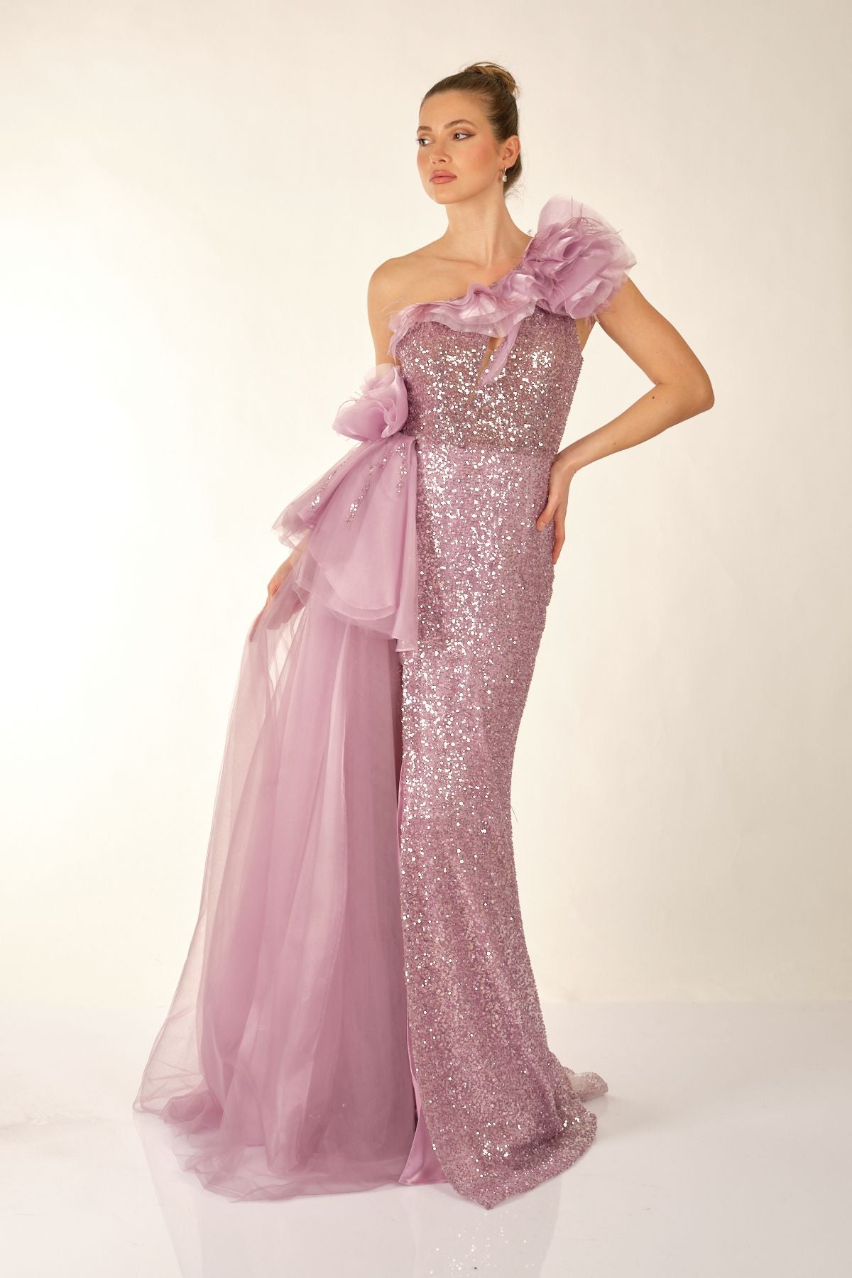 One Shoulder Glittery Lilac Women's Evening Dress