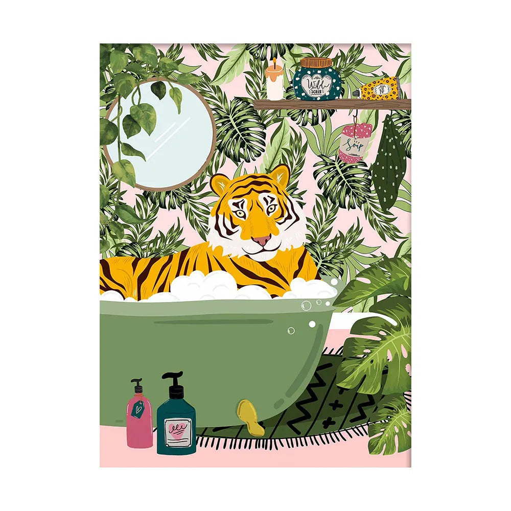 Tiger in Bathtub Botanical Tropical Jungle Wall Art Canvas Painting