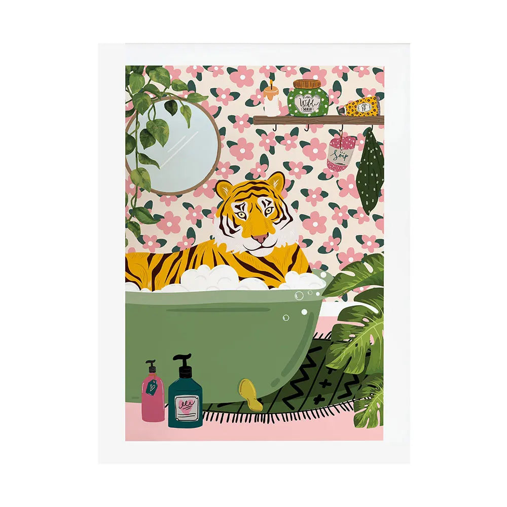 Tiger in Bathtub Botanical Tropical Jungle Wall Art Canvas Painting