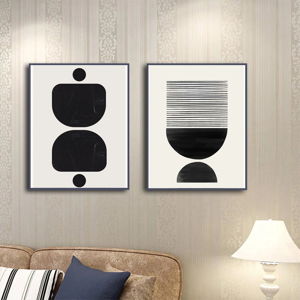 Block Poster Print Black White Canvas Painting Abstract Line Art Wall Picture