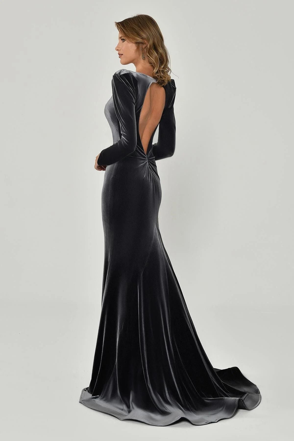 V-Neck Back Detailed Padded Gray Women's Evening Dress