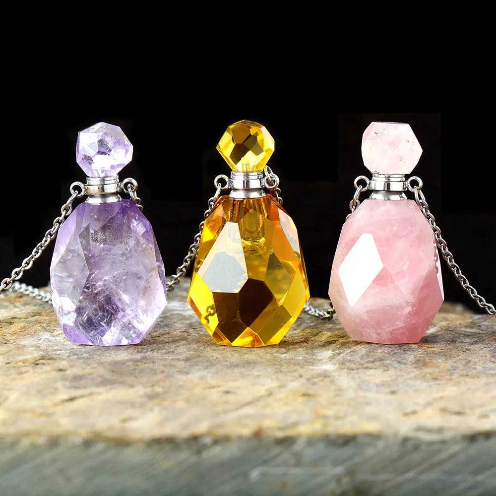 Natural Gems Stone Essential Oil Diffuser Perfume Bottle Amethysts Pendant Necklace February Birthstone Jewelry