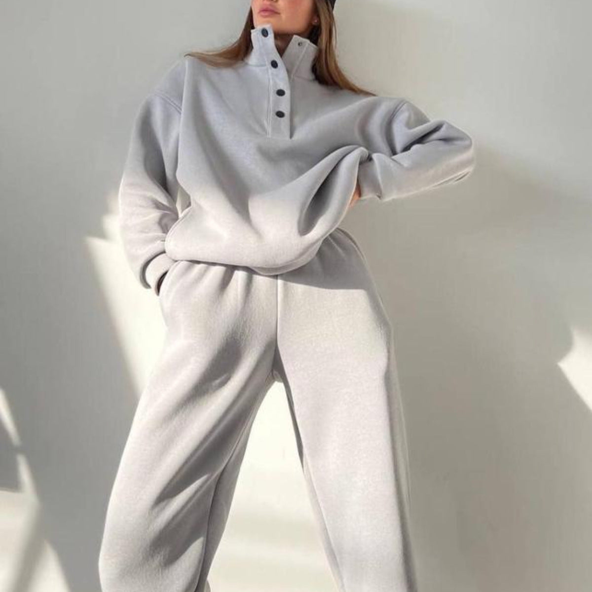 Oversized Solid Casual Pullovers Long Pant Set