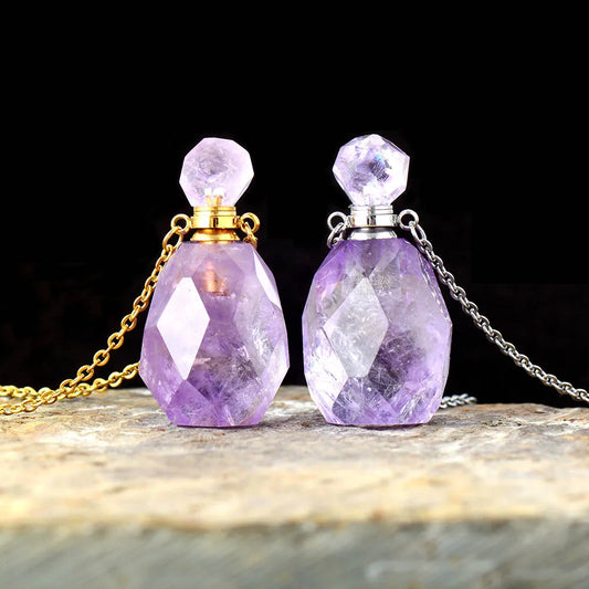 Natural Gems Stone Essential Oil Diffuser Perfume Bottle Amethysts Pendant Necklace February Birthstone Jewelry