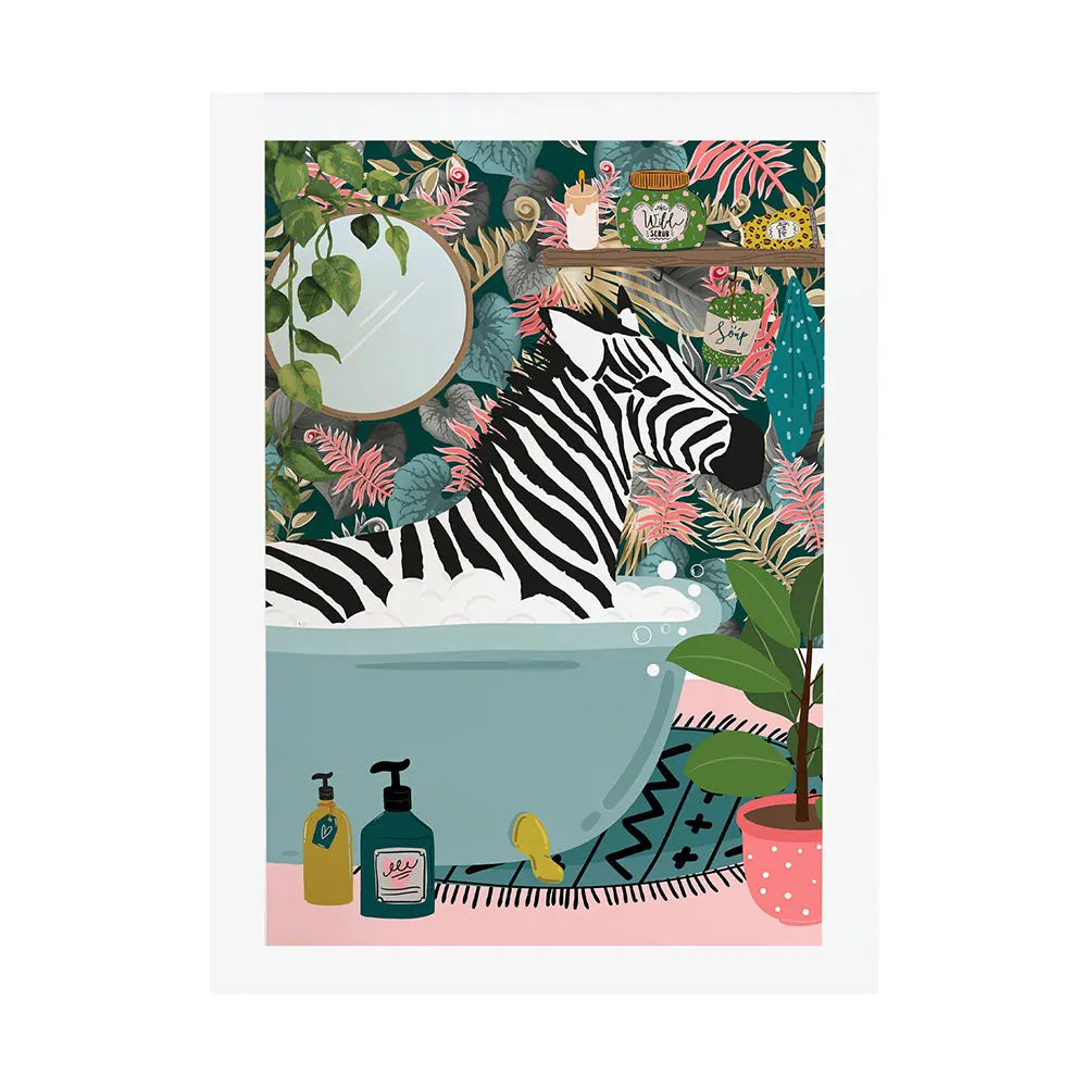 Tiger in Bathtub Botanical Tropical Jungle Wall Art Canvas Painting