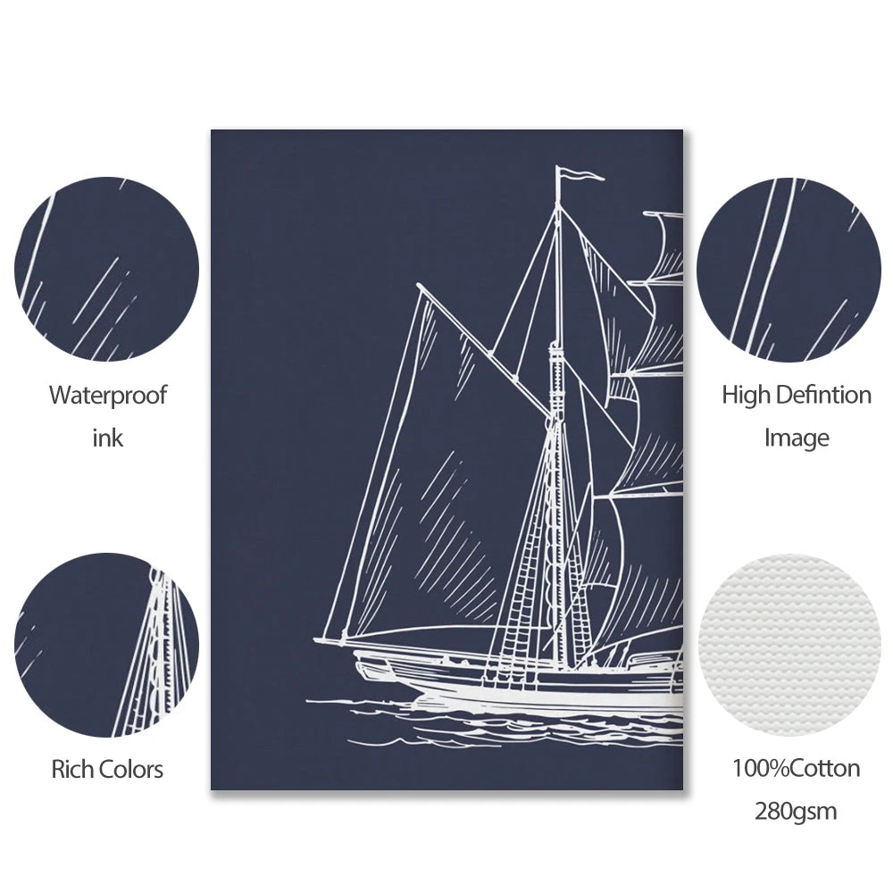 Nordic Hand Painted Sailing Poster Nautical Boat Canvas Painting Wall Art Print Ship Navy Artwork Living Room Picture Home Decor