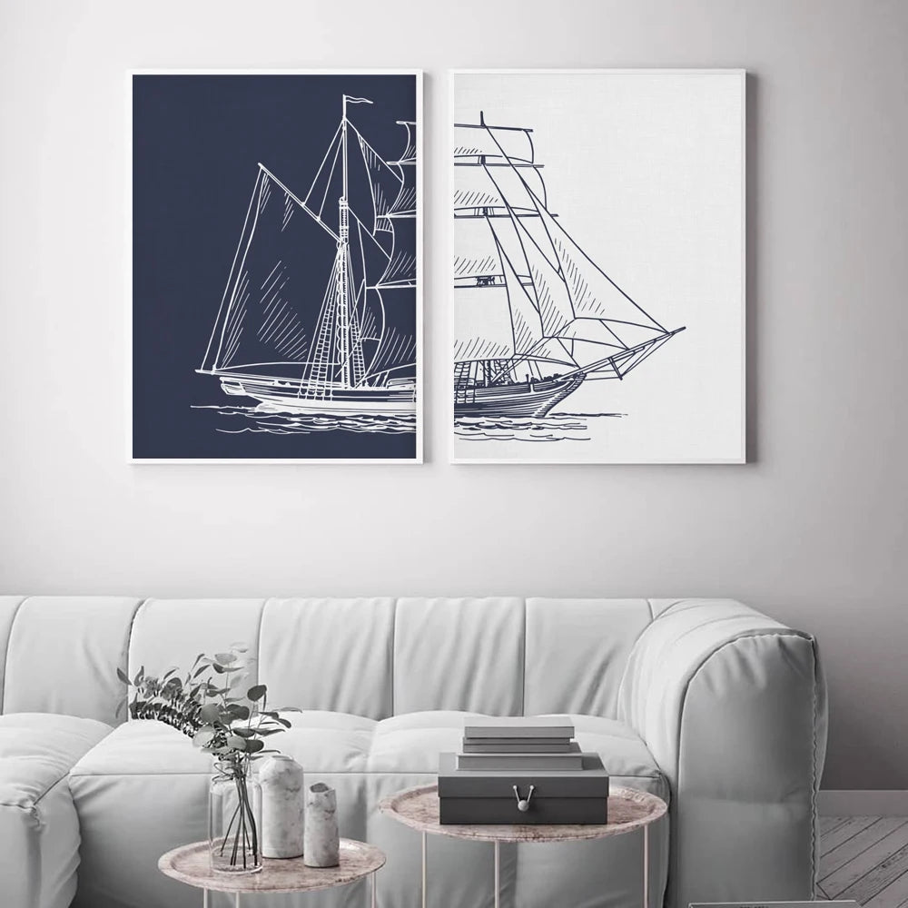 Nordic Hand Painted Sailing Poster Nautical Boat Canvas Painting Wall Art Print Ship Navy Artwork Living Room Picture Home Decor