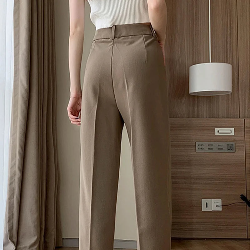Casual Pants Women Ankle-length Trouser High Waist Zipper Fly Straight Pants