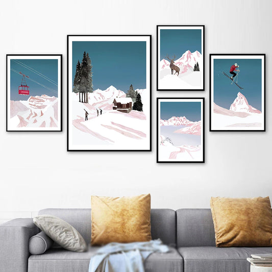 Abstract Wall Art Poster Snow Mountain Stag Skier Picture Nordic Style Canvas Print Painting Art Aisle Living Room Unique Decor