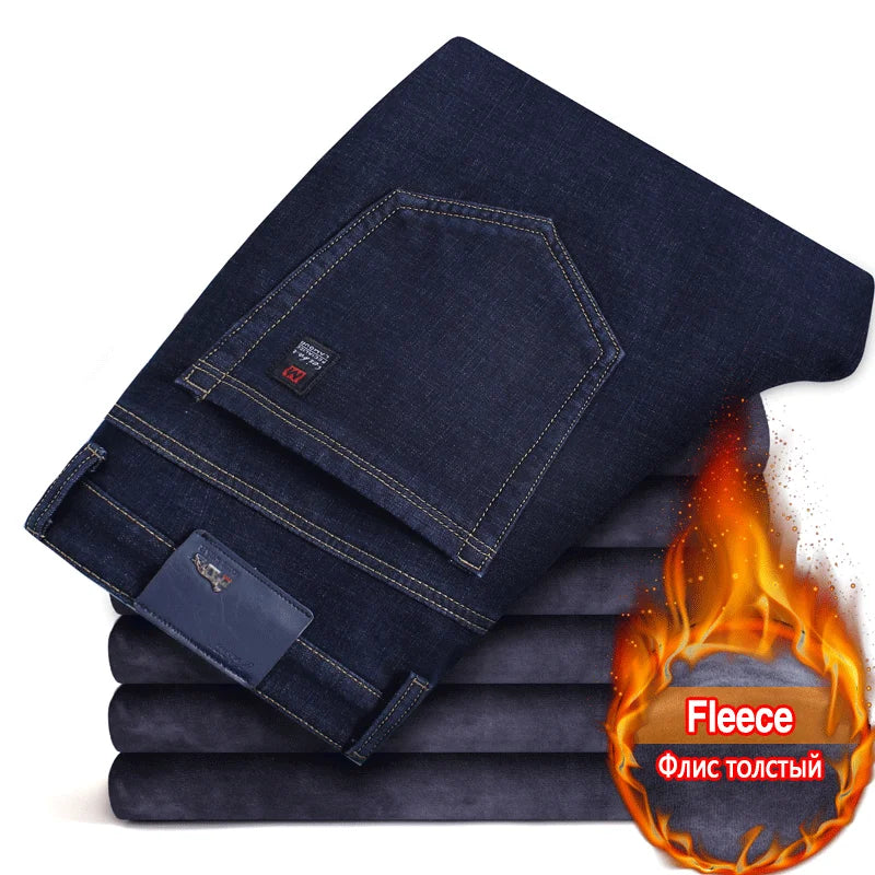 2025 Winter New Men's Warm Slim Fit Jeans Business Fashion Thicken Denim Trousers Fleece Stretch Brand Pants Black Blue