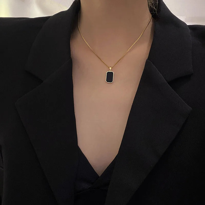 DIEYURO 316L Stainless Steel Minimalist Rectangular Pendant Korean Black Epoxy Women's Gold Necklace Exquisite Long Jewelry Gift