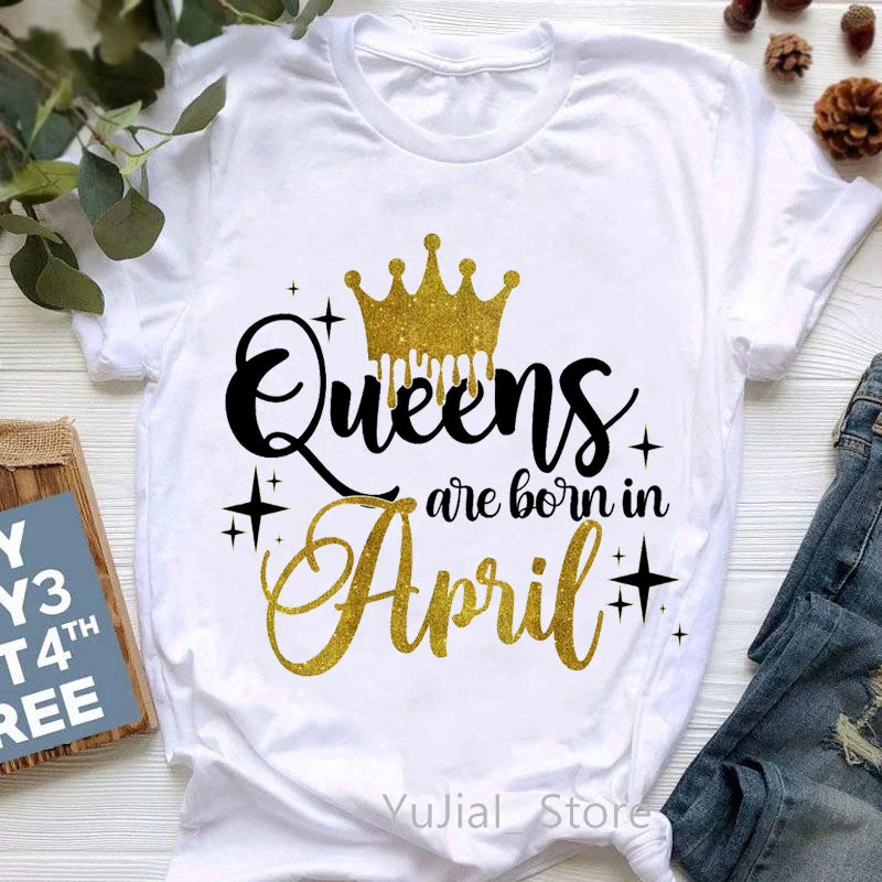 Golden Crown Queen Are Born In January To December Graphic Print T-Shirt Women'S Clothing Tshirt Femme Birthday Gift Tops