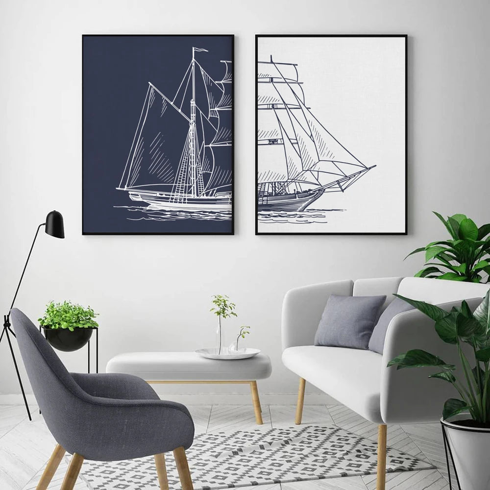 Nordic Hand Painted Sailing Poster Nautical Boat Canvas Painting Wall Art Print Ship Navy Artwork Living Room Picture Home Decor