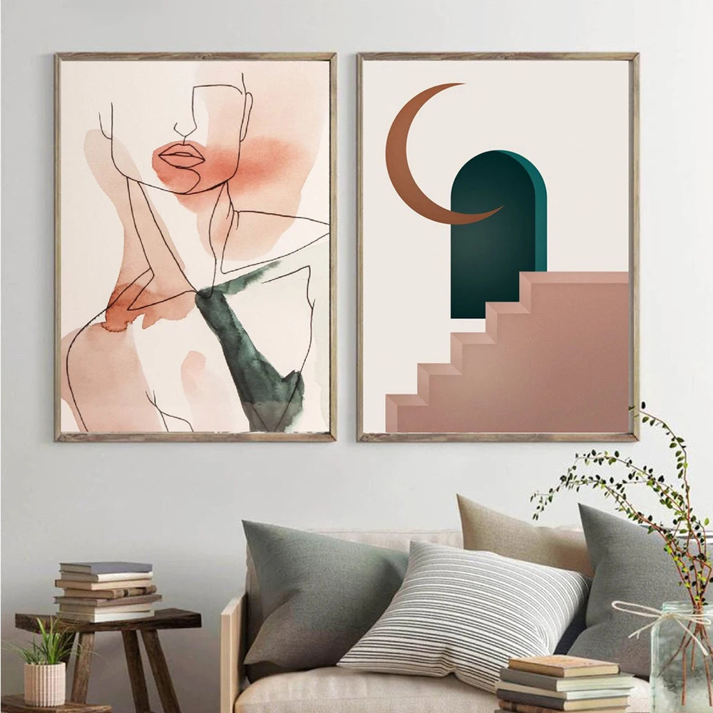 Boho Style Canvas Painting Print Poster Mid Century Abstract Line Terracotta Plants Wall Art Pictures Bedroom Living Room Decor