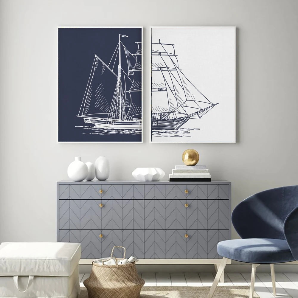 Nordic Hand Painted Sailing Poster Nautical Boat Canvas Painting Wall Art Print Ship Navy Artwork Living Room Picture Home Decor