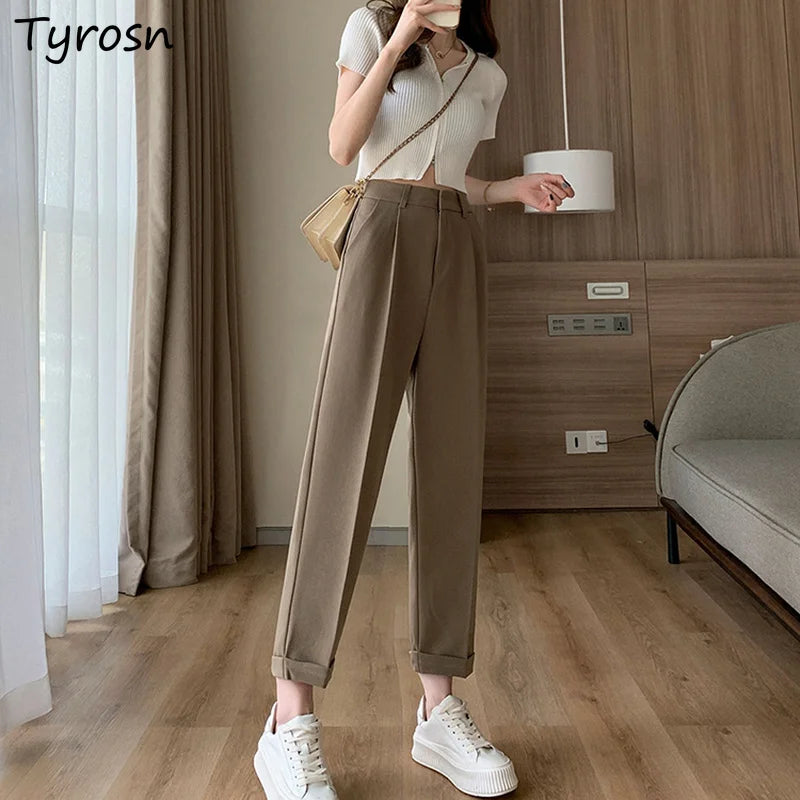 Casual Pants Women Ankle-length Trouser High Waist Zipper Fly Straight Pants