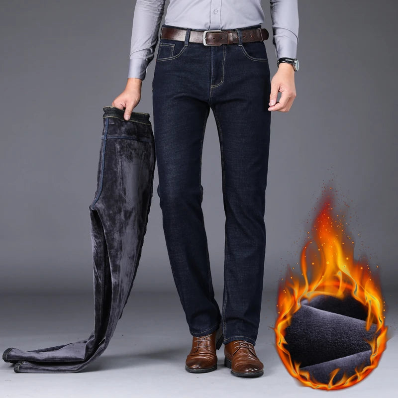 2025 Winter New Men's Warm Slim Fit Jeans Business Fashion Thicken Denim Trousers Fleece Stretch Brand Pants Black Blue