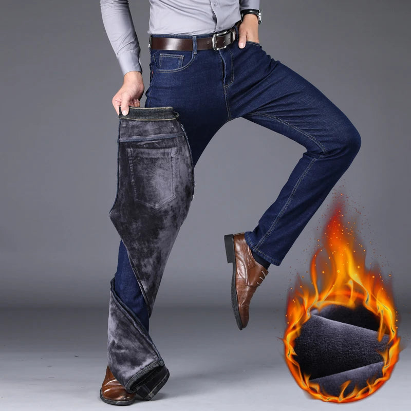 2025 Winter New Men's Warm Slim Fit Jeans Business Fashion Thicken Denim Trousers Fleece Stretch Brand Pants Black Blue