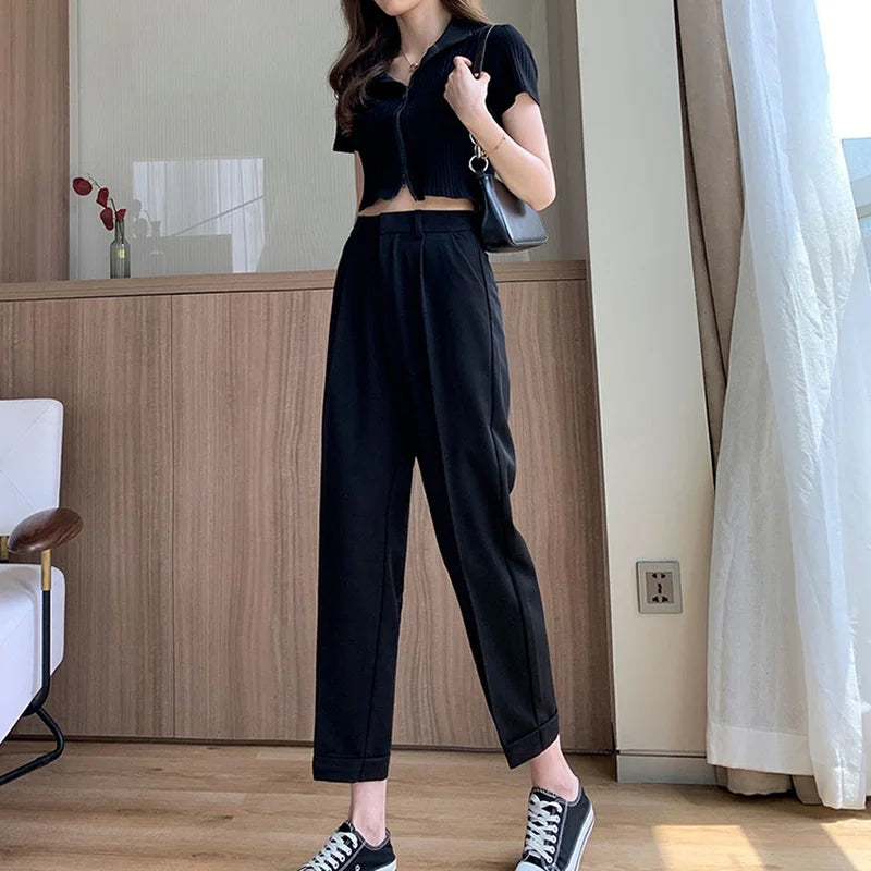 Casual Pants Women Ankle-length Trouser High Waist Zipper Fly Straight Pants