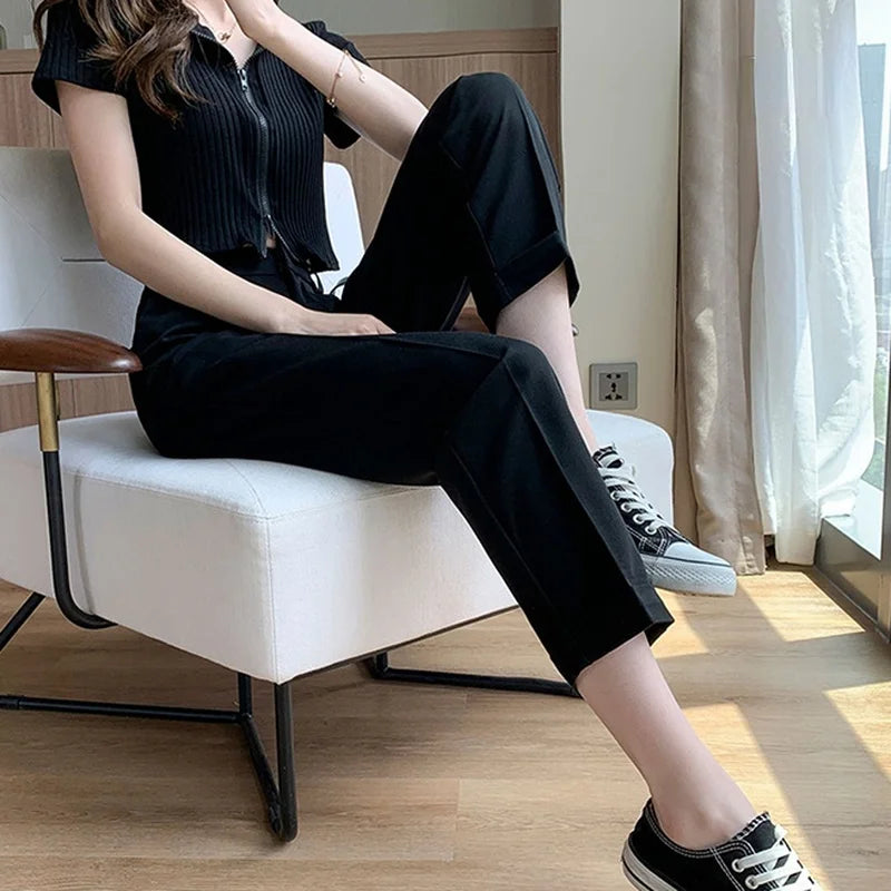 Casual Pants Women Ankle-length Trouser High Waist Zipper Fly Straight Pants