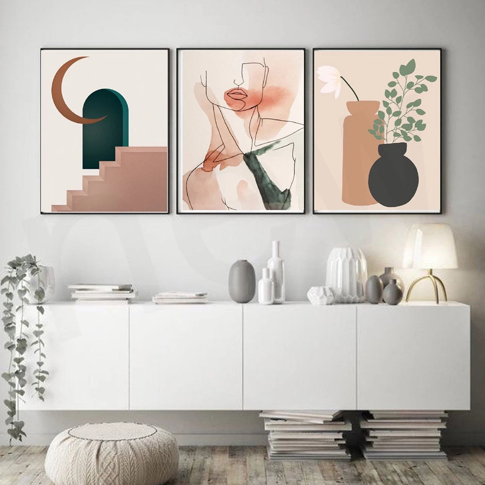 Boho Style Canvas Painting Print Poster Mid Century Abstract Line Terracotta Plants Wall Art Pictures Bedroom Living Room Decor