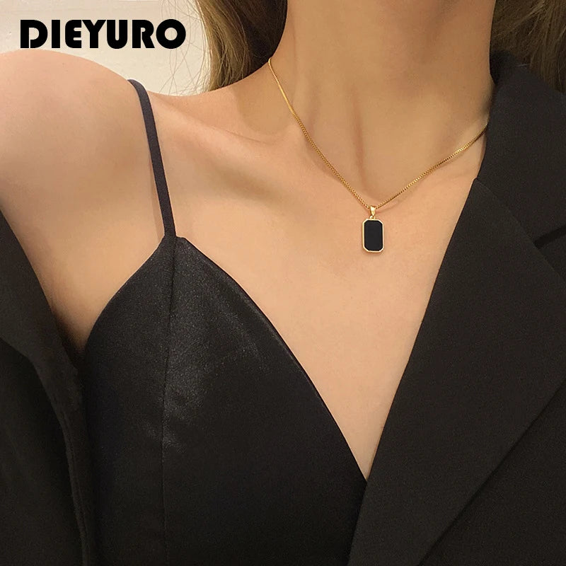 DIEYURO 316L Stainless Steel Minimalist Rectangular Pendant Korean Black Epoxy Women's Gold Necklace Exquisite Long Jewelry Gift