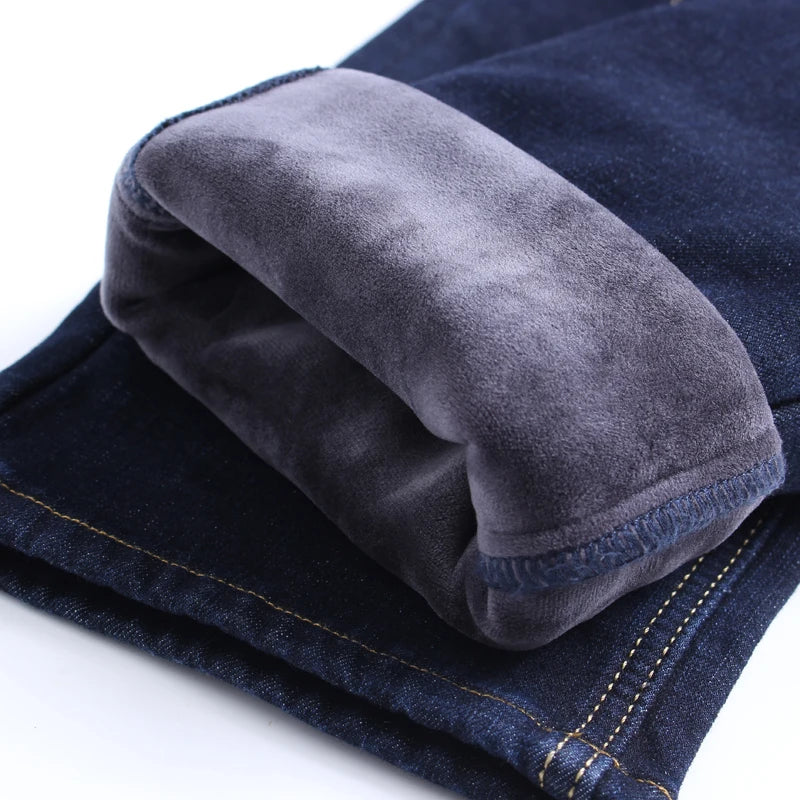 2025 Winter New Men's Warm Slim Fit Jeans Business Fashion Thicken Denim Trousers Fleece Stretch Brand Pants Black Blue