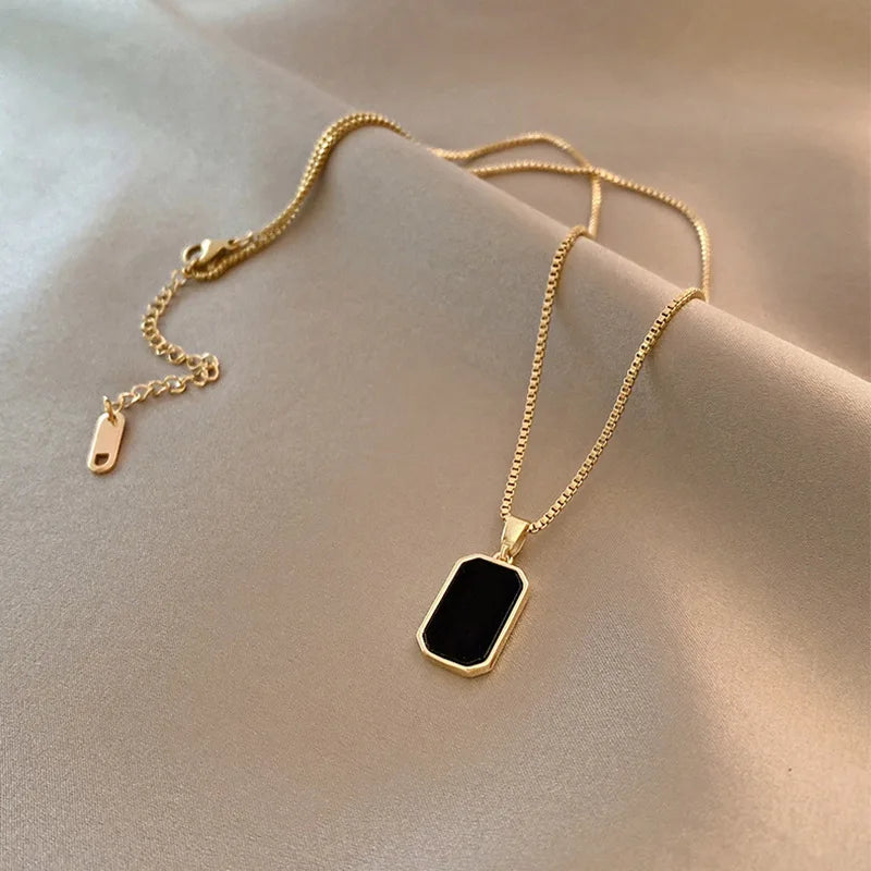 DIEYURO 316L Stainless Steel Minimalist Rectangular Pendant Korean Black Epoxy Women's Gold Necklace Exquisite Long Jewelry Gift