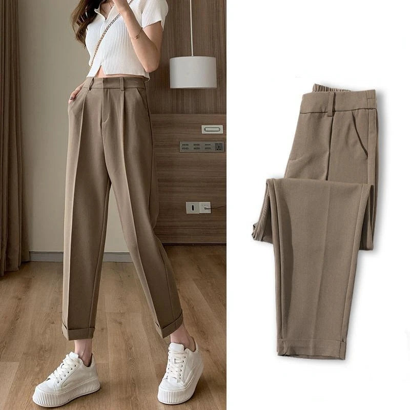 Casual Pants Women Ankle-length Trouser High Waist Zipper Fly Straight Pants