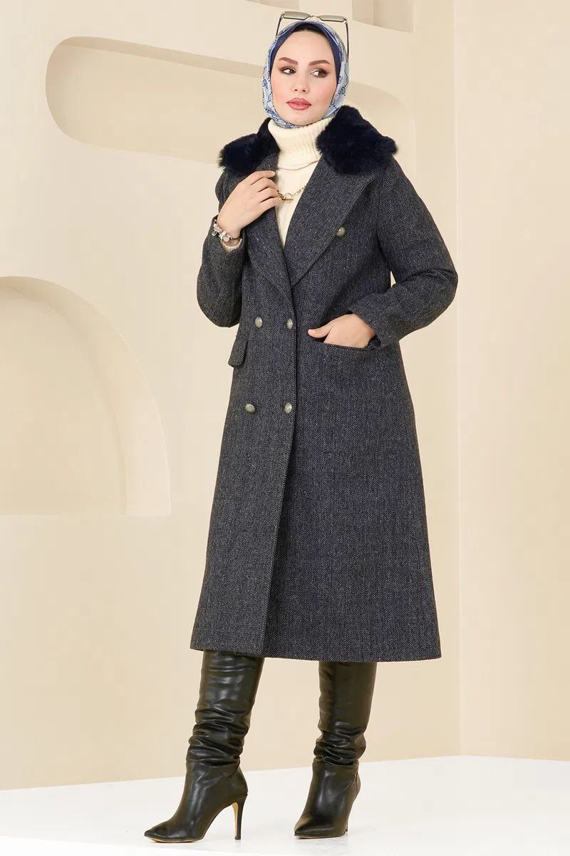 Elegant Winter Hijab Coat with Fur Collar - Premium Kasha Fabric