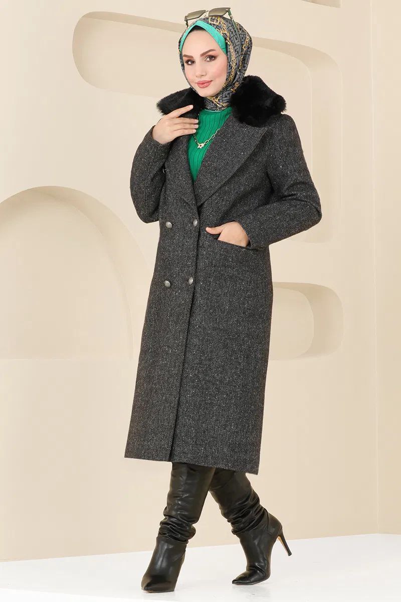 Elegant Winter Hijab Coat with Fur Collar - Premium Kasha Fabric