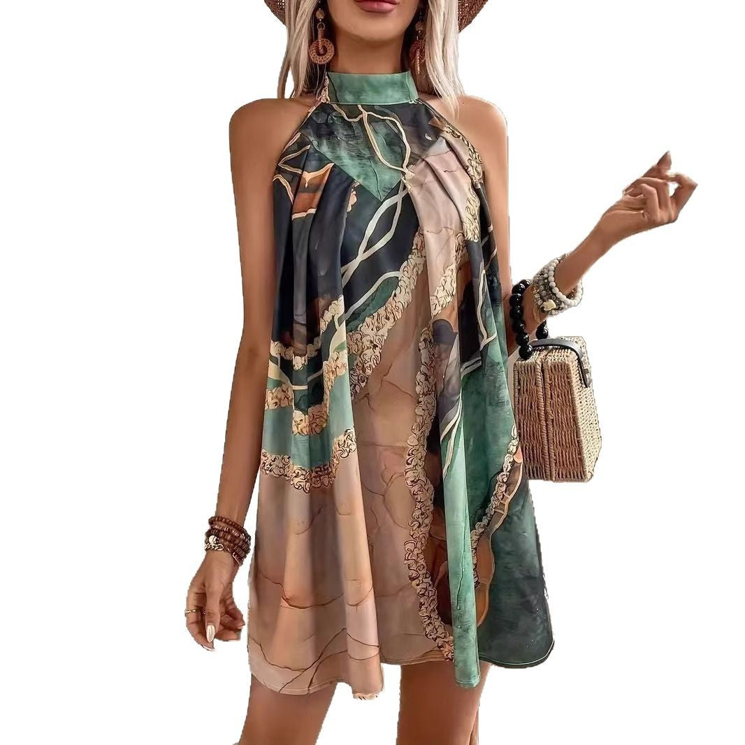 Slim-fit Sheath Sleeveless Round Neck Striped Printed Sexy Mini Dress Design Sense