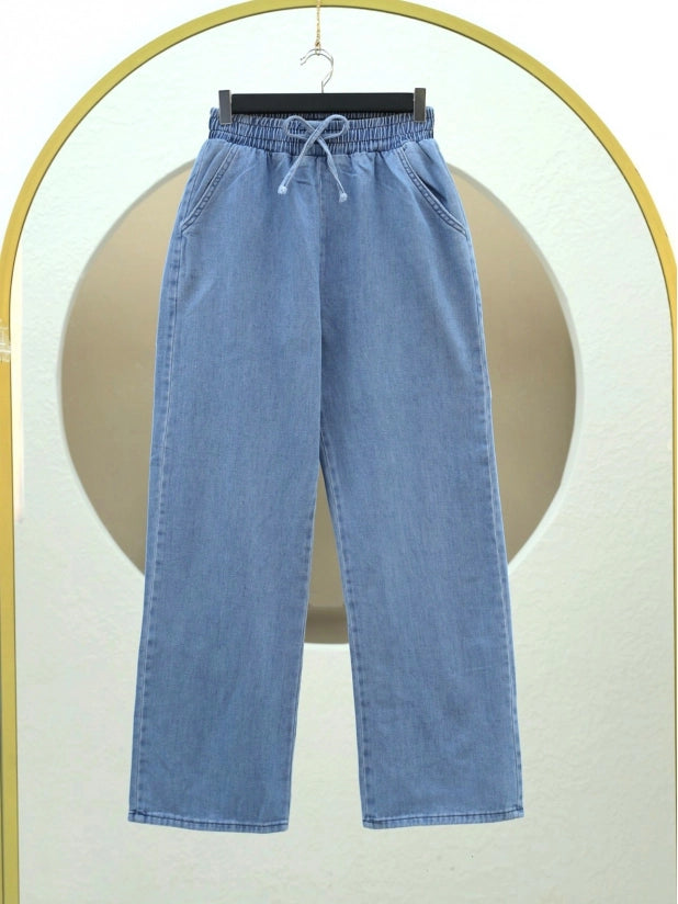 Elastic Waist Pocket Wide Leg Jeans