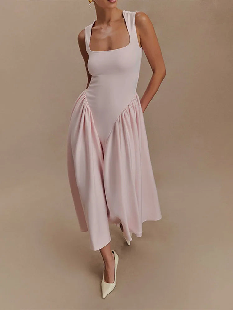 Elegant Solid High Waist Pleated A-line Dress Women Sexy Backless Sleeveless Slim Halter Dresses 2025 New Street Party Vestidos