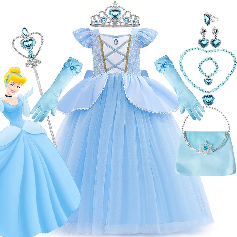 Disney Fancy Cinderella Princess Dress for Baby Girls Halloween Cosplay Costume Sequin Birthday Party Prom Gown for Kids Outfit