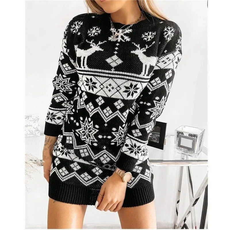 Christmas Moose Print Women's Sweater Dress Full Sleeve O Neck Casual Jumper Knitting Dresses Soft Warm Vestidos Xmas Party Wear