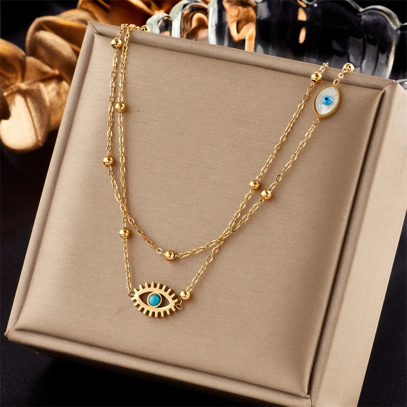 DIEYURO 316L Stainless Steel Multilayer 2in1 Eye Pendant Necklace For Women New Girls Clavicle Chains Jewelry Birthday Gifts