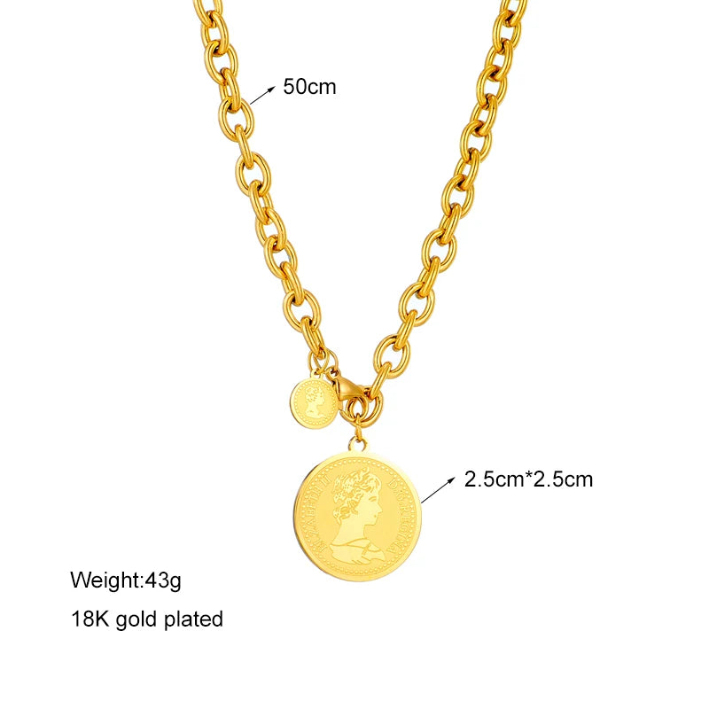 DIEYURO 316L Stainless Steel Gold Color Hip Hop Round Portrait Coin Necklace For Women Men Fashion Trend Girl Jewelry Gift Joyas