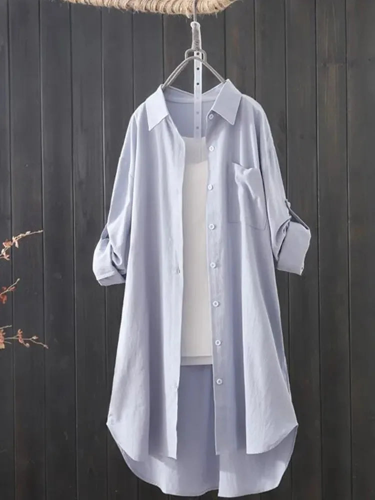 Long Shirts Lady Loose Breathable Midi Shirt and Blouse