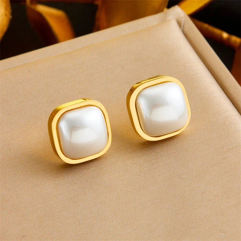 DIEYURO 316L Stainless Steel Square Large Pearl Necklace Earrings Ring For Women Girl New Party Gift Fashion Jewelry Set Bijoux