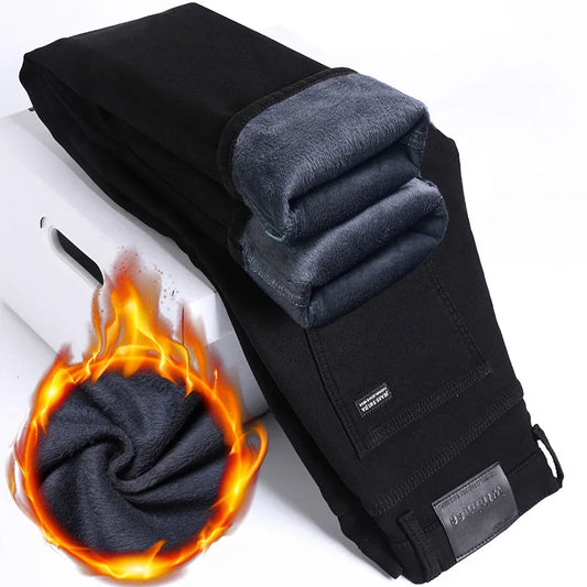 2024 Winter Brand Men Warm Fleece Jeans Fashion Thermal Business Pants