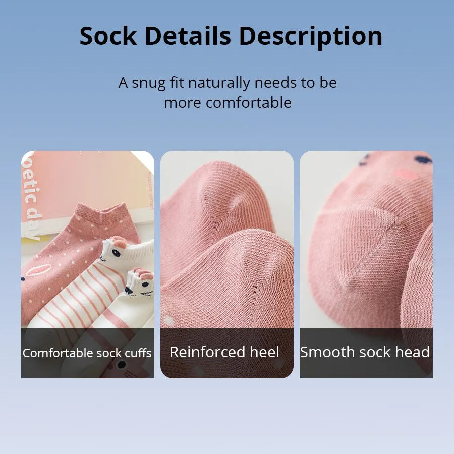 5 Pairs Women's Short Tube Socks Pink Cat Thin Four Seasons Cute Boat Sockslow Top Ins Trendy Socks