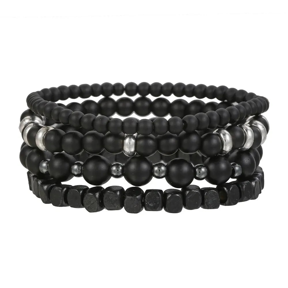 4Pcs/Set Black Gall Stone Volcanic Stone Wood Beads Multi-layer Men's Combination Elastic Bracelet For Couple Friends Jewelry