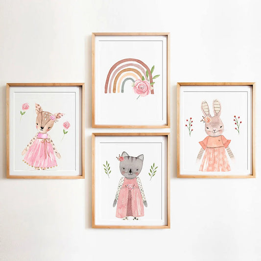 Boho Art Prints Rabbit Deer Cat Canvas Painting Picture Rainbow Poster Nursery Wall Poster Modern Wall Art Girl Baby Room Decor