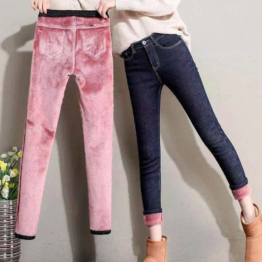 Thermal Jeans Winter Snow Warm Plush Stretch Jeans Lady Skinny Thicken Fleece Denim Long Pants Retro Pencil Trousers