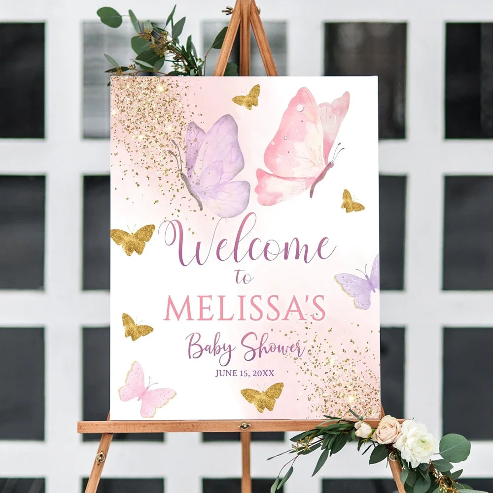 Custom Pink Gold Butterfly Baby Shower Welcome Sign Poster Purple Birthday Personalized Art Print Kids Wall Picture Party Decor