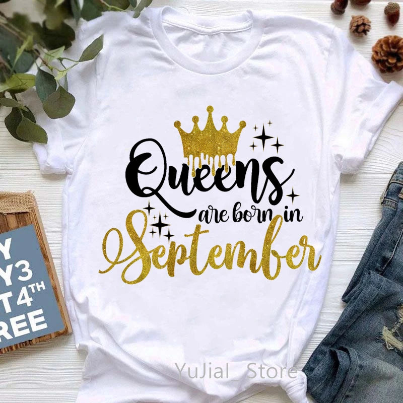 Golden Crown Queen Are Born In January To December Graphic Print T-Shirt Women'S Clothing Tshirt Femme Birthday Gift Tops