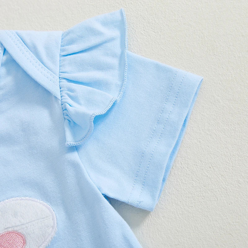 Adorable Infant Easter Outfit with Bunny Applique Ruffled Sleeve Romper Egg Print Pants and Matching Bow Headband
