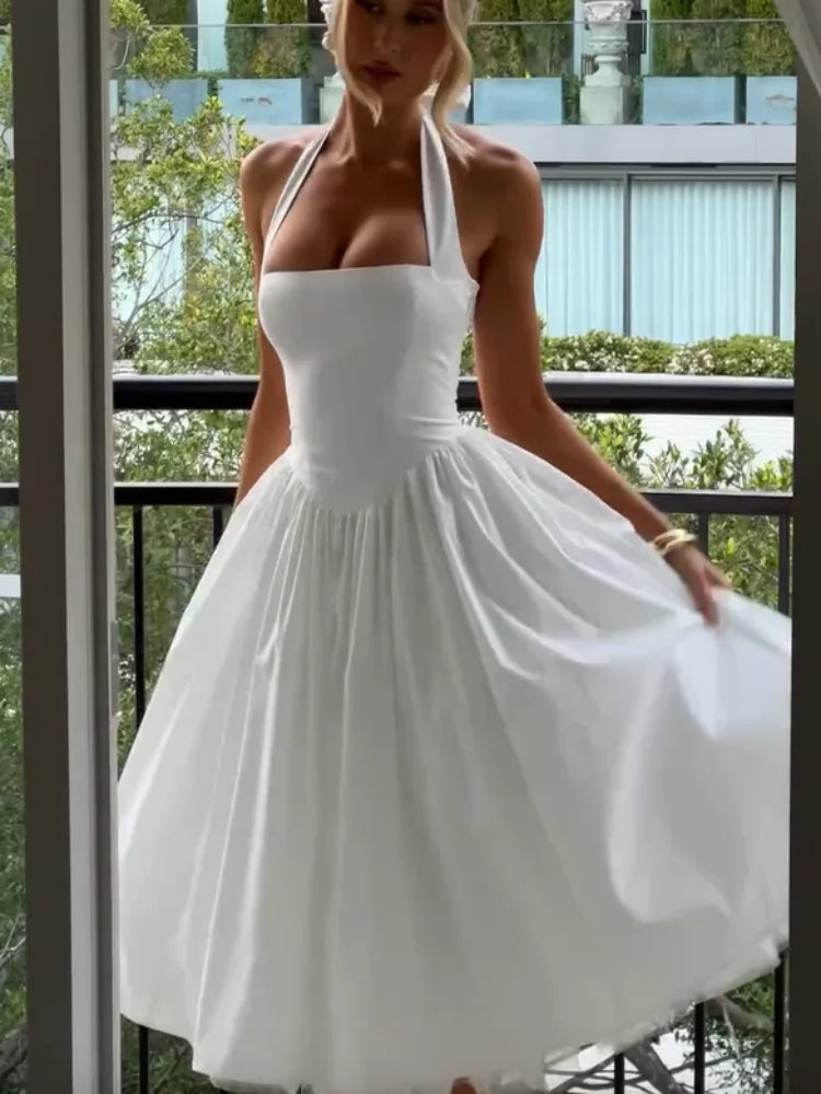 Elegant Solid High Waist Pleated A-line Dress Women Sexy Backless Sleeveless Slim Halter Dresses 2025 New Street Party Vestidos