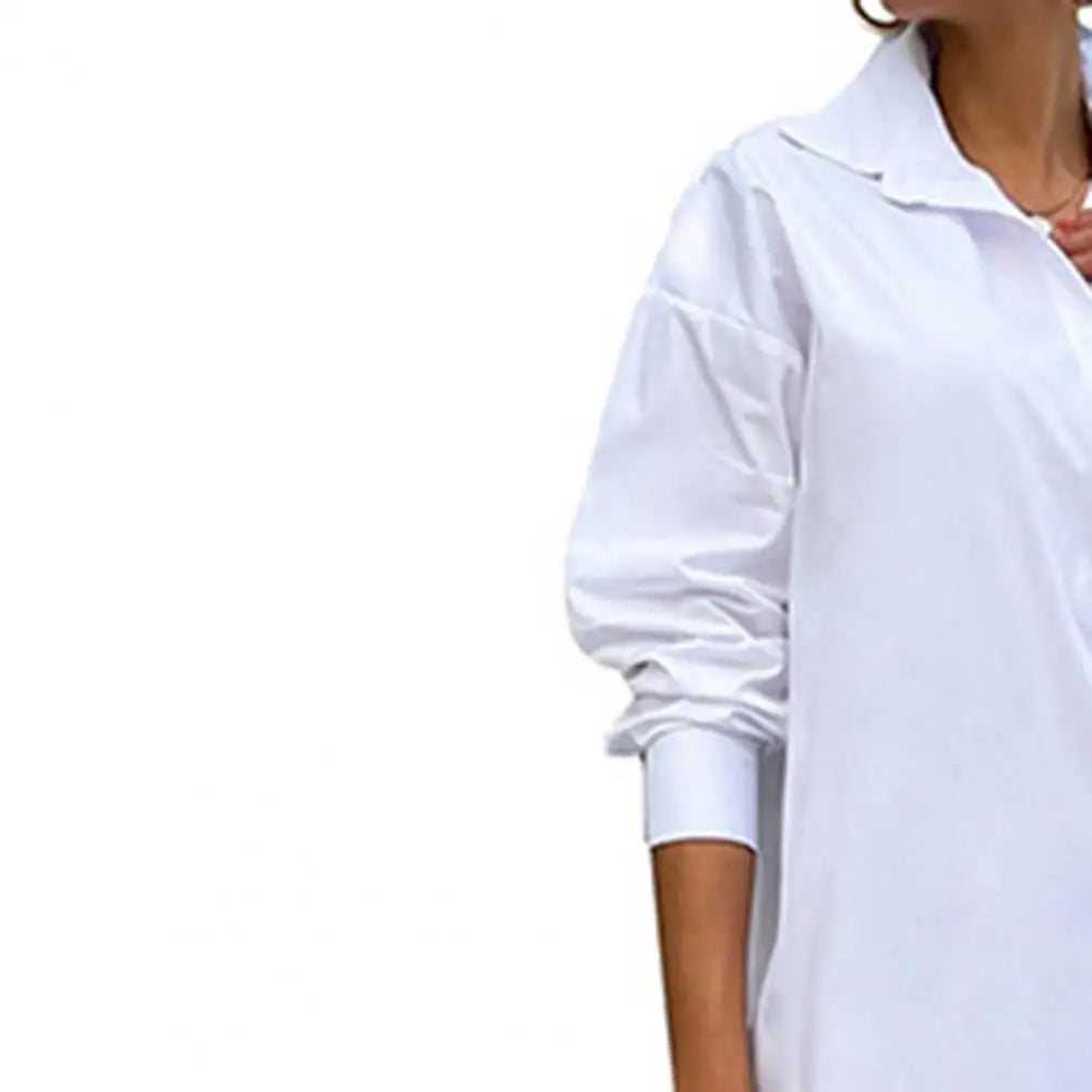 Women Turn Down Collar Long Sleeve Single Breasted Hem Shirt Coat Autumn Winter